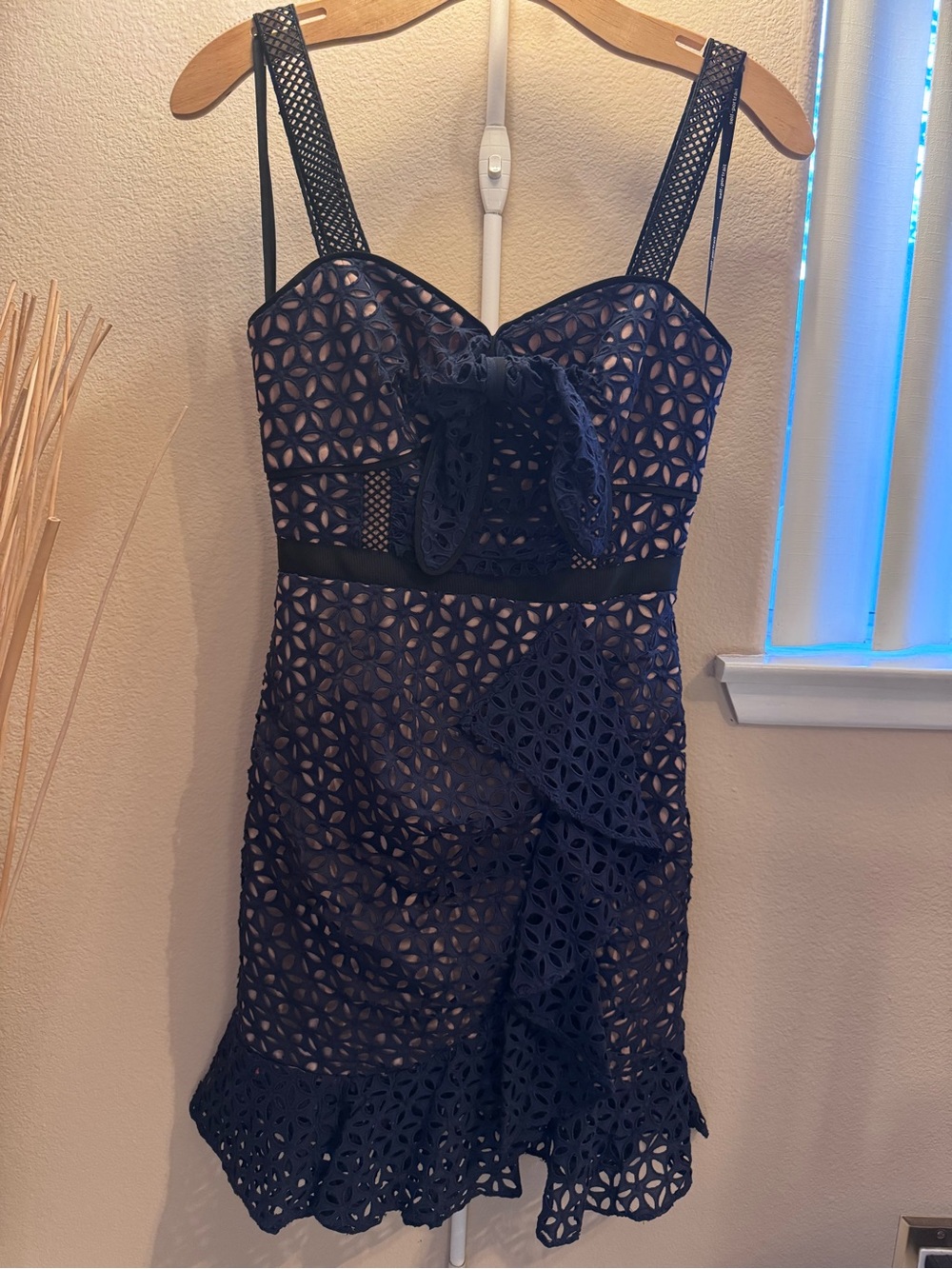 Self-Portrait Navy Floral Cutout Mini Dress with Bow